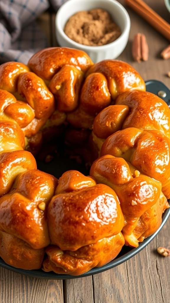 Homemade Monkey Bread Dough Recipe A golden brown monkey bread in a bundt pan, with pull-apart pieces coated in cinnamon sugar.